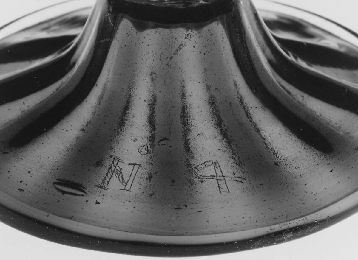 Goblet, Colorless (slightly gray) and transparent dark blue nonlead glass. Blown, pattern molded, gilt., Italian (Venice)