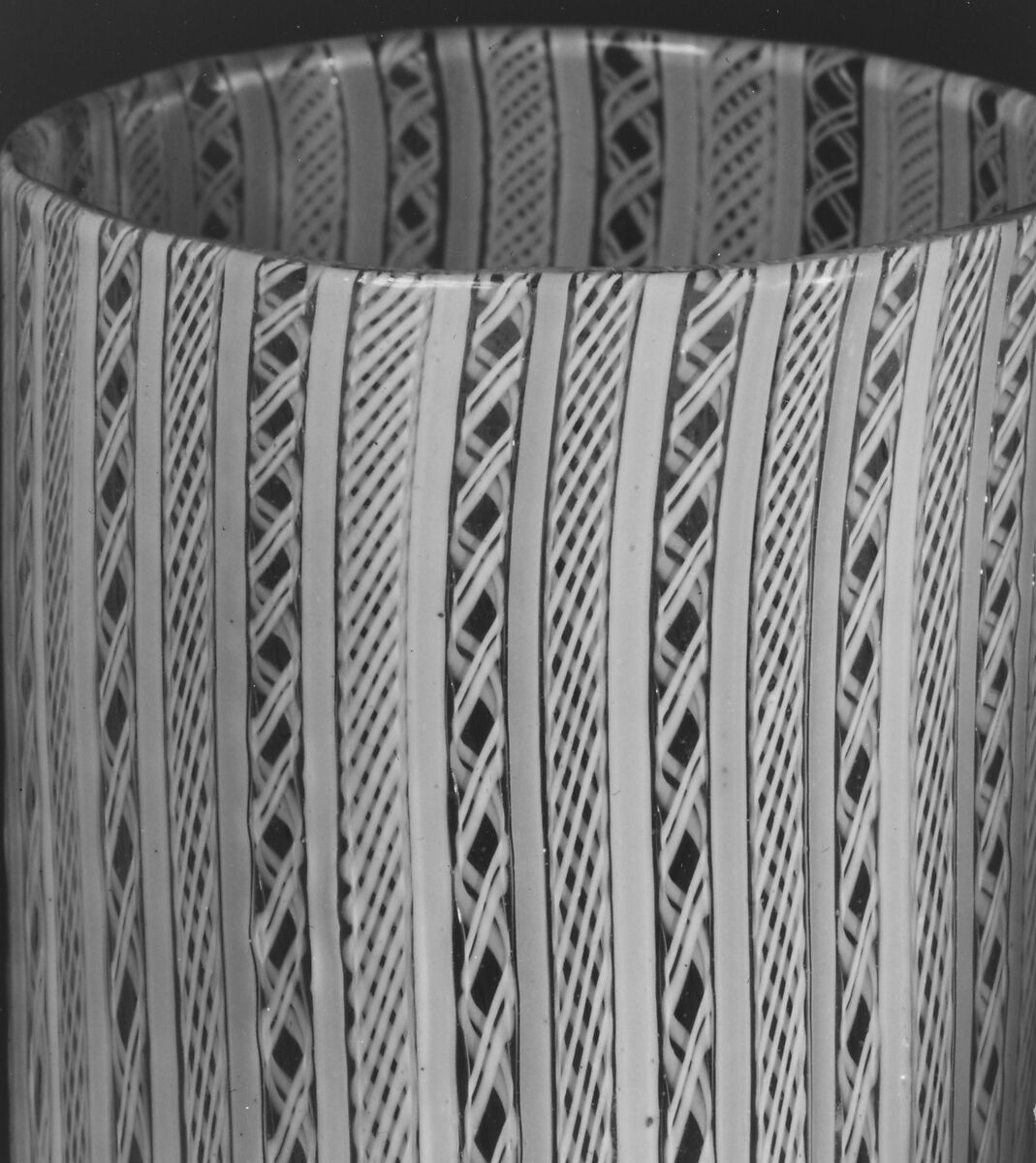 Beaker (Stangenglas), Colorless (slightly gray) and opaque white nonlead glass; pewter mount. Blown, "vetro a retorti"., probably south Lowlands; possibly Bohemia or Saxony