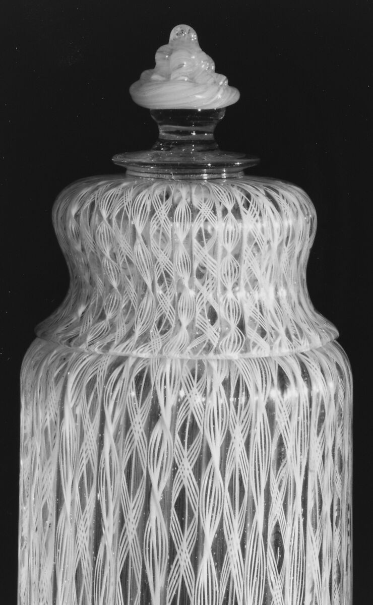 Covered bottle, Colorless (slightly gray) and opaque white nonlead glass. Blown, "vetro a retorti", applied, molded., Italian (Venice)