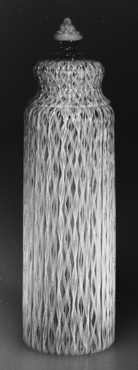 Covered bottle, Colorless (slightly gray) and opaque white nonlead glass. Blown, "vetro a retorti", applied, molded., Italian (Venice)