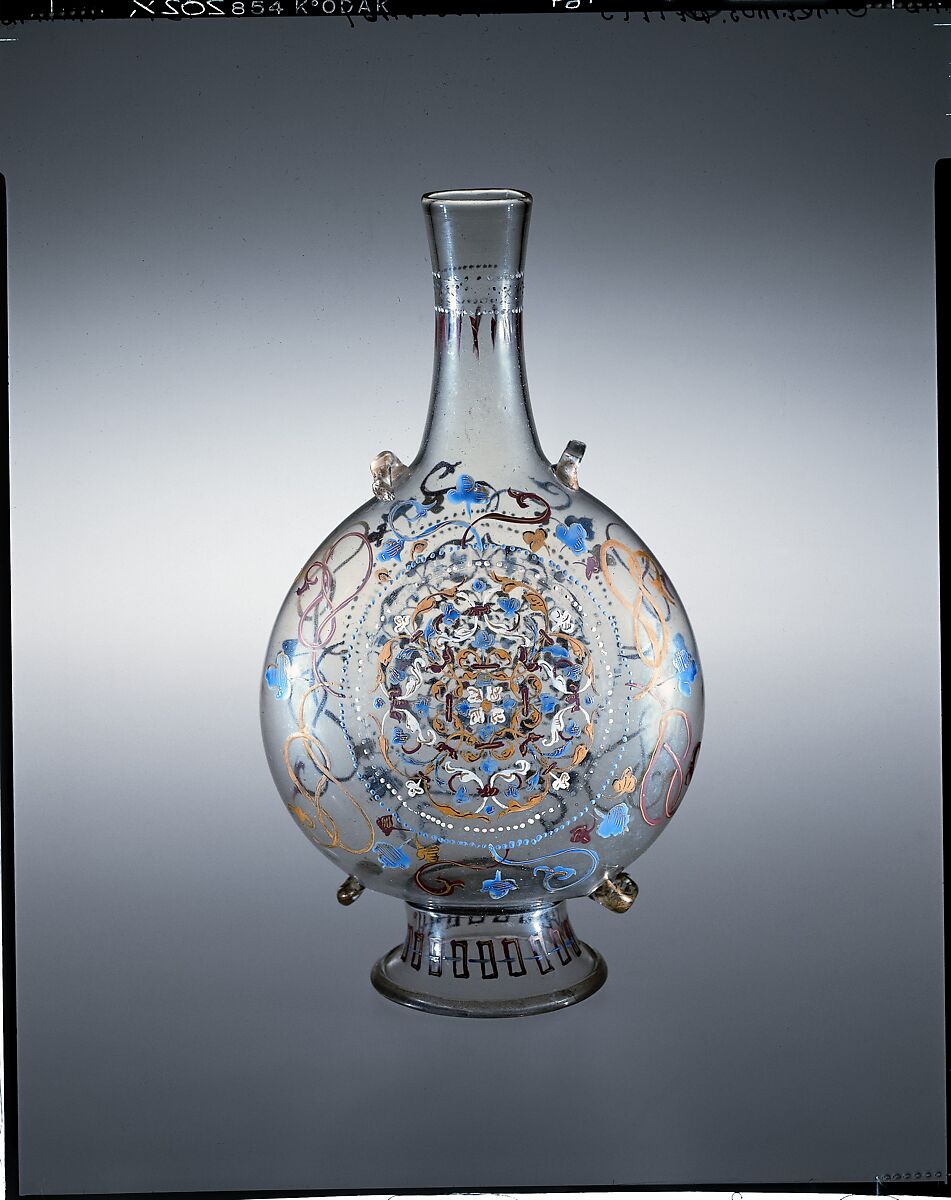 Pilgrim flask, Italian  , Venetian, early 16th century, Colorless (slightly tan) nonlead glass.  Blown, enameled, gilt., Italian (Venice) 