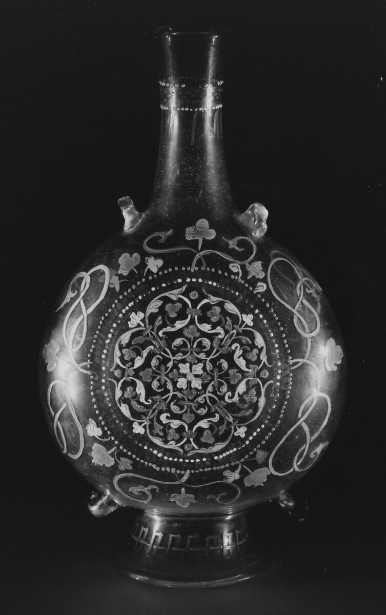 Pilgrim flask, Italian  , Venetian, early 16th century, Colorless (slightly tan) nonlead glass.  Blown, enameled, gilt., Italian (Venice)