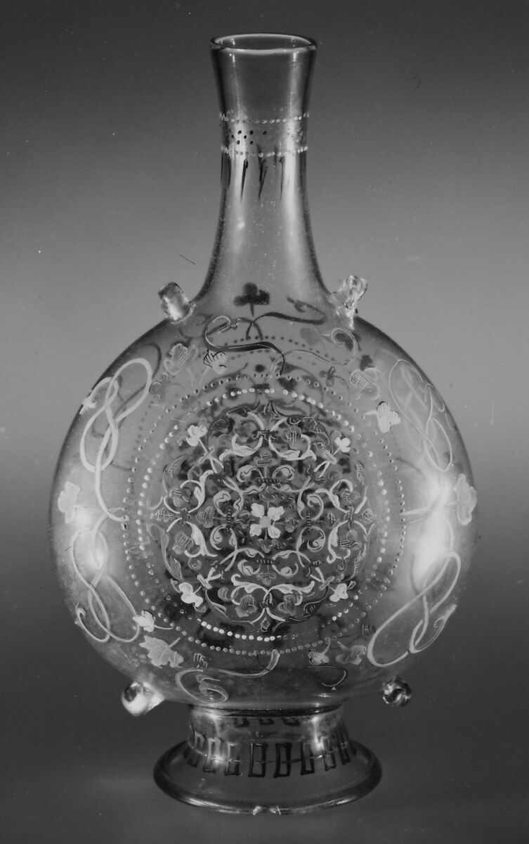 Pilgrim flask, Italian  , Venetian, early 16th century, Colorless (slightly tan) nonlead glass.  Blown, enameled, gilt., Italian (Venice)