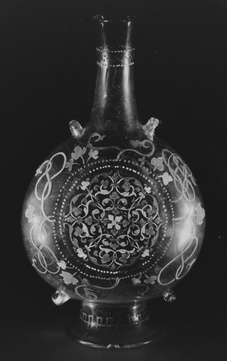 Pilgrim flask, Italian  , Venetian, early 16th century, Colorless (slightly tan) nonlead glass.  Blown, enameled, gilt., Italian (Venice)