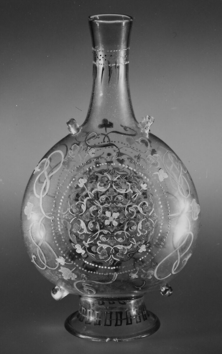 Pilgrim flask, Italian  , Venetian, early 16th century, Colorless (slightly tan) nonlead glass.  Blown, enameled, gilt., Italian (Venice)