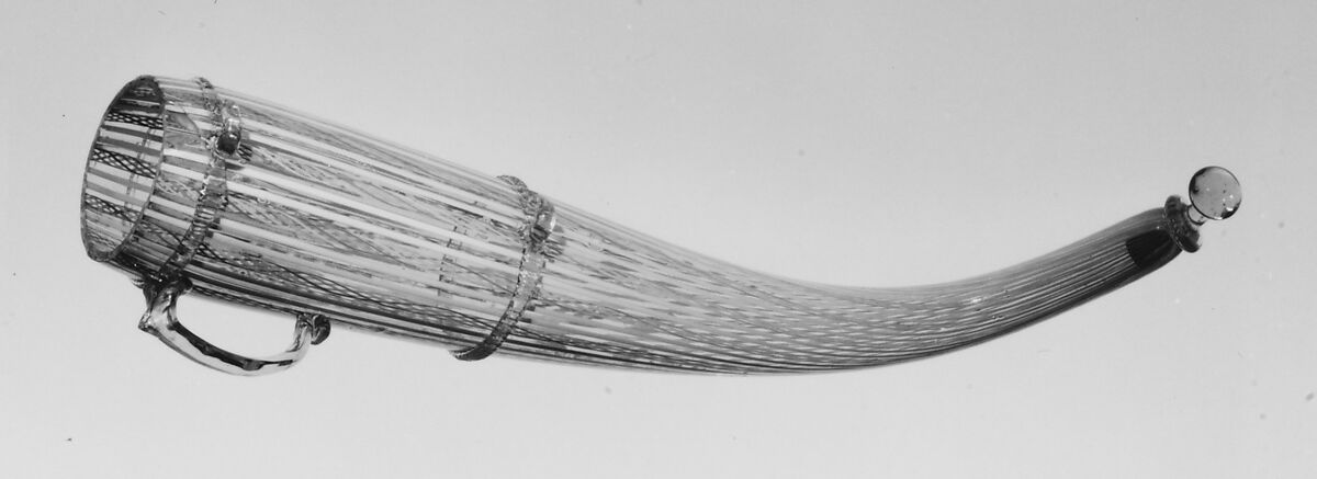 Drinking horn, Colorless (slightly gray) and opaque white nonlead glass. Blown, "vetro a retorti", trailed., Venetian or façon de Venise 
