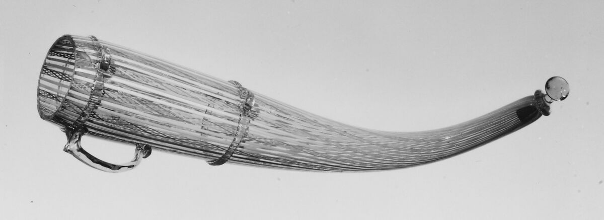 Drinking horn, Colorless (slightly gray) and opaque white nonlead glass. Blown, "vetro a retorti", trailed., Venetian or façon de Venise