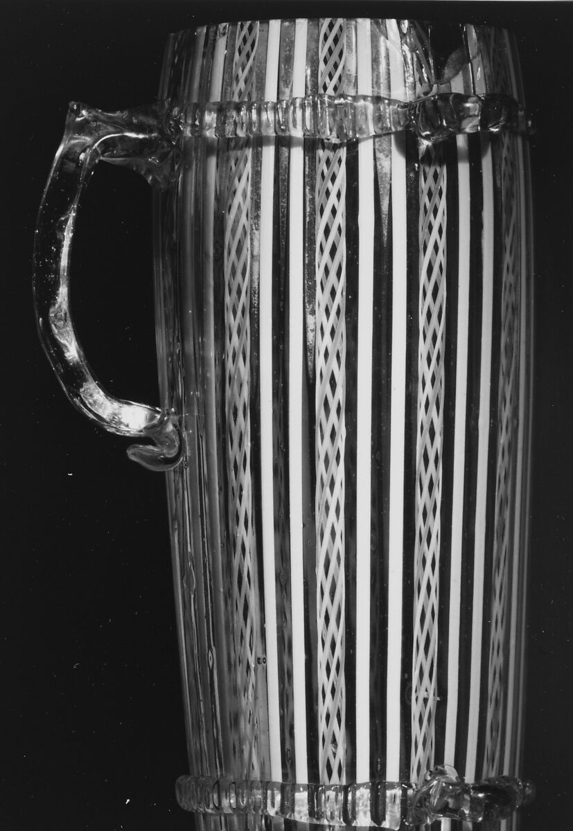 Drinking horn, Colorless (slightly gray) and opaque white nonlead glass. Blown, "vetro a retorti", trailed., Venetian or façon de Venise