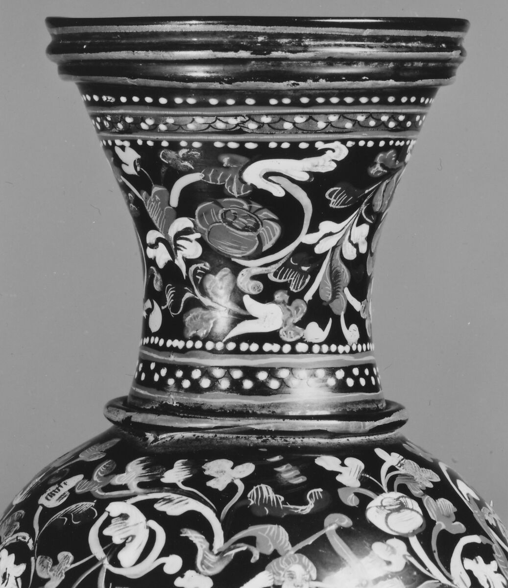 Jug, Transparent dark blue nonlead glass.  Blown, enameled, gilt., Italian (Venice)