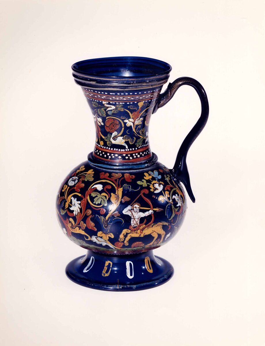 Jug, Transparent dark blue nonlead glass.  Blown, enameled, gilt., Italian (Venice) 