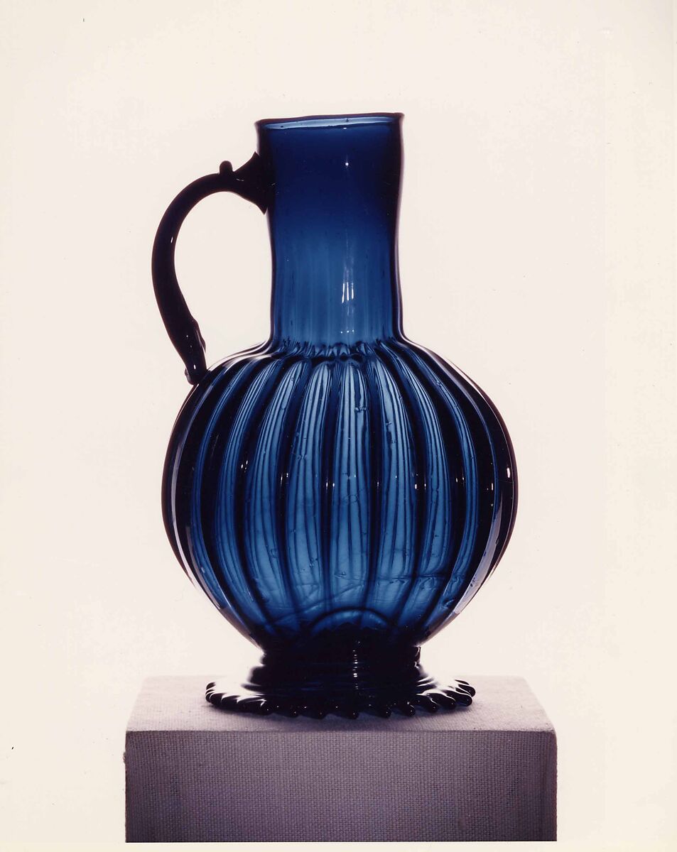 Jug, Transparent dark blue nonlead glass. Blown, pattern molded, trailed., Northern European (probably Bohemia or Germany) 