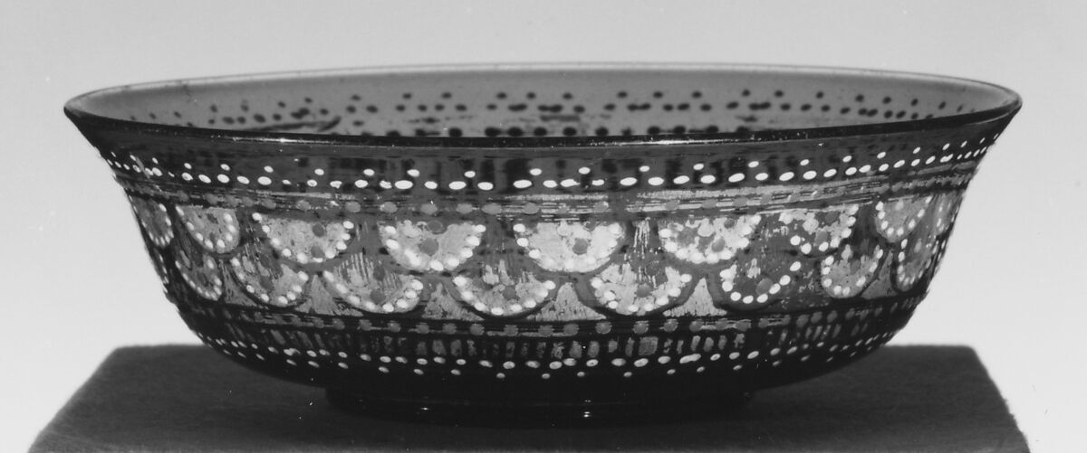 Bowl, Transparent dark blue nonlead glass.  Blown, enamaled, gilt., Italian (Venice)