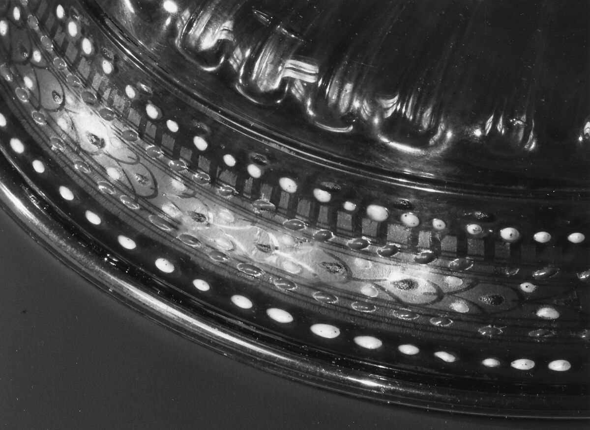 Bowl, Colorless (slightly gray) and transparent bright green nonlead glass. Blown, pattern molded, enameled, gilt., Italian (Venice)