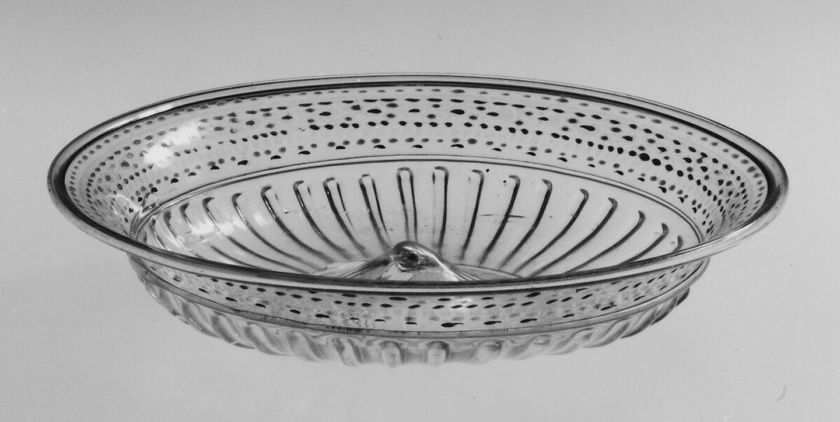 Bowl, Colorless (slightly gray) and transparent bright green nonlead glass. Blown, pattern molded, enameled, gilt., Italian (Venice)