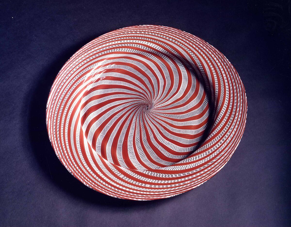 Plate, Colorless (slightly gray), opaque red-brown, and opaque white (slightly gray) nonlead glass. Blown, "vetro a retorti"., Italian (Venice) 