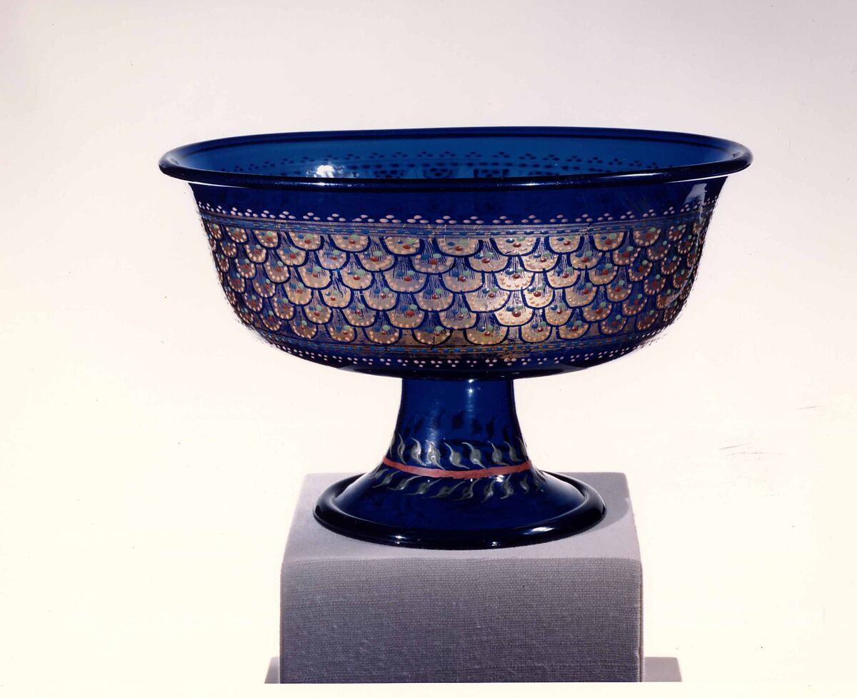 Footed bowl, Transparent dark blue nonlead glass.  Blown, enameled, gilt., Italian (Venice) 