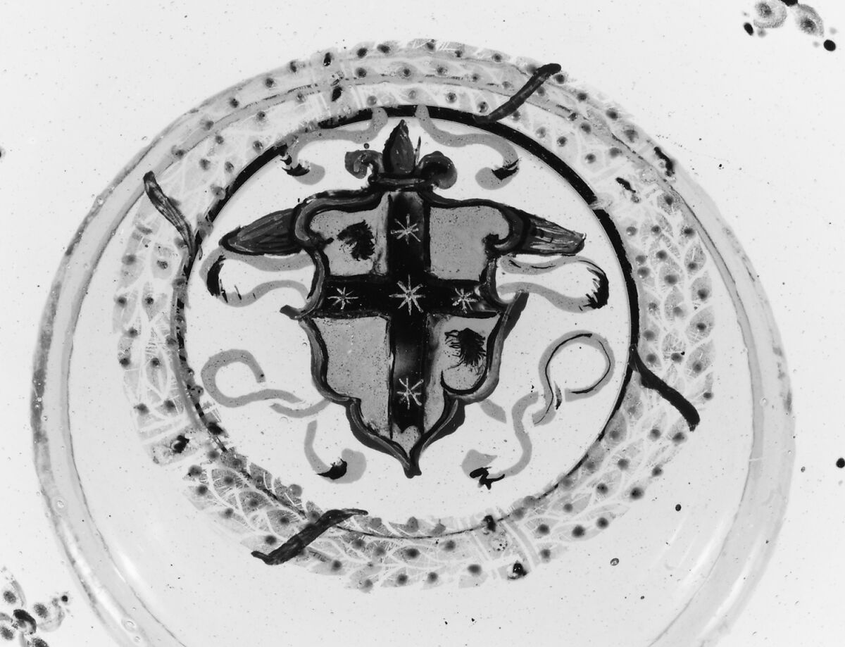 Armorial tazza, Colorless (slightly gray) nonlead glass.  Blown, enameled, gilt., Italian (Venice)
