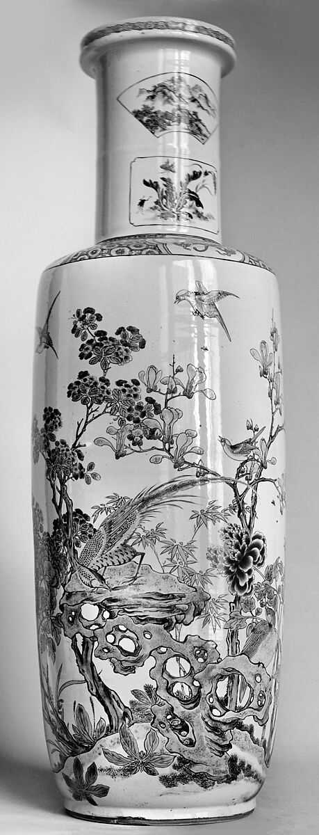 Vase decorated with magnolia, hollyhocks, and pheasants, Porcelain painted in overglaze polychrome enamels (Jingdezhen ware), China