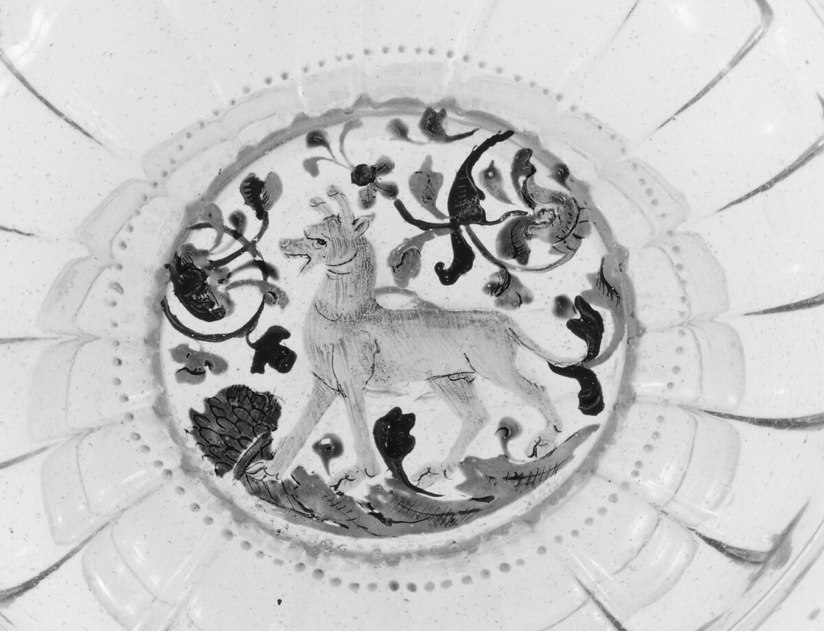 Tazza, Colorless (slightly gray), bubbly nonlead glass. Blown, pattern molded, enameled, gilt., Italian (Venice)