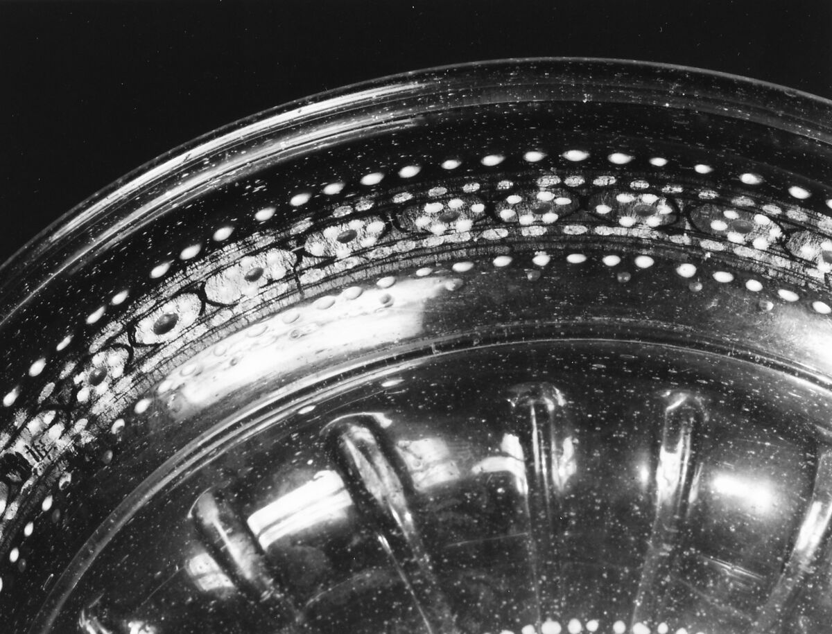 Tazza, Colorless (slightly gray), bubbly nonlead glass. Blown, pattern molded, enameled, gilt., Italian (Venice)