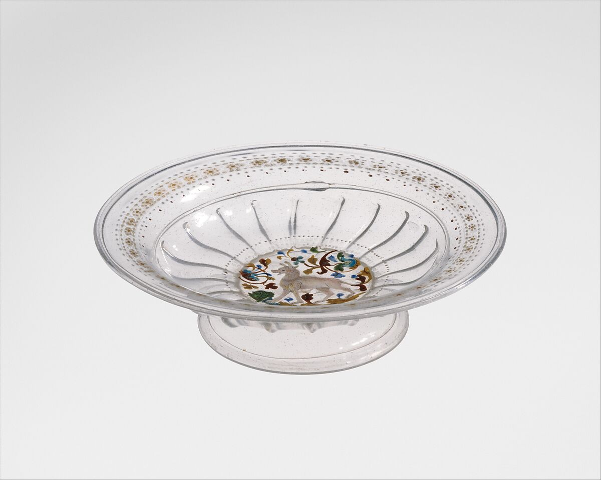 Tazza, Colorless (slightly gray), bubbly nonlead glass. Blown, pattern molded, enameled, gilt., Italian (Venice)