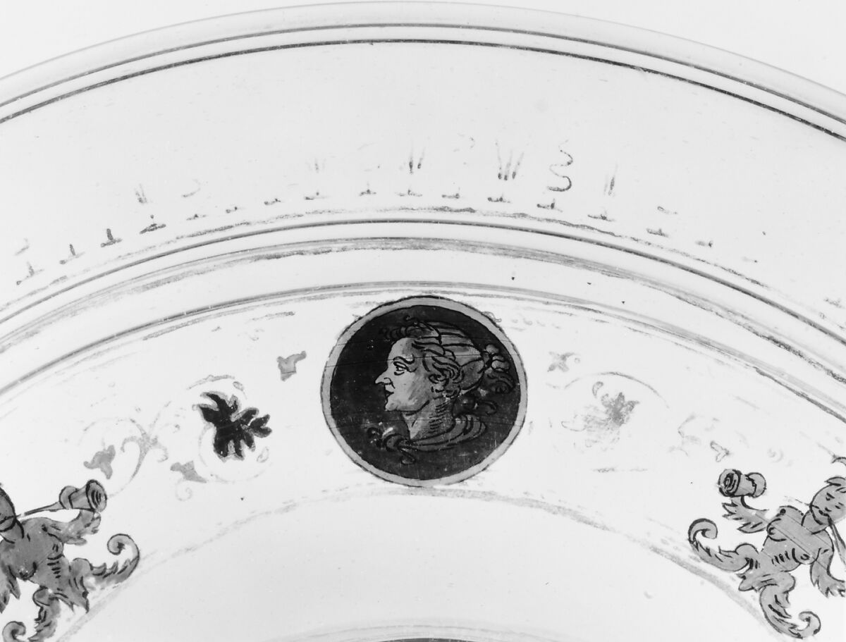 Tazza, Colorless (slightly gray) nonlead glass. Blown, reverse painted, gilt (unfired)., Venetian or façon de Venise, probably Tyrolean; possibly Venice