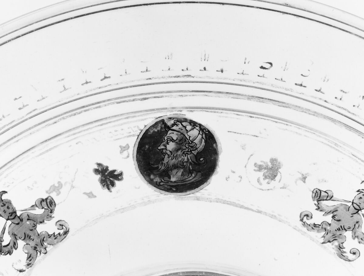 Tazza, Colorless (slightly gray) nonlead glass. Blown, reverse painted, gilt (unfired)., Venetian or façon de Venise, probably Tyrolean; possibly Venice