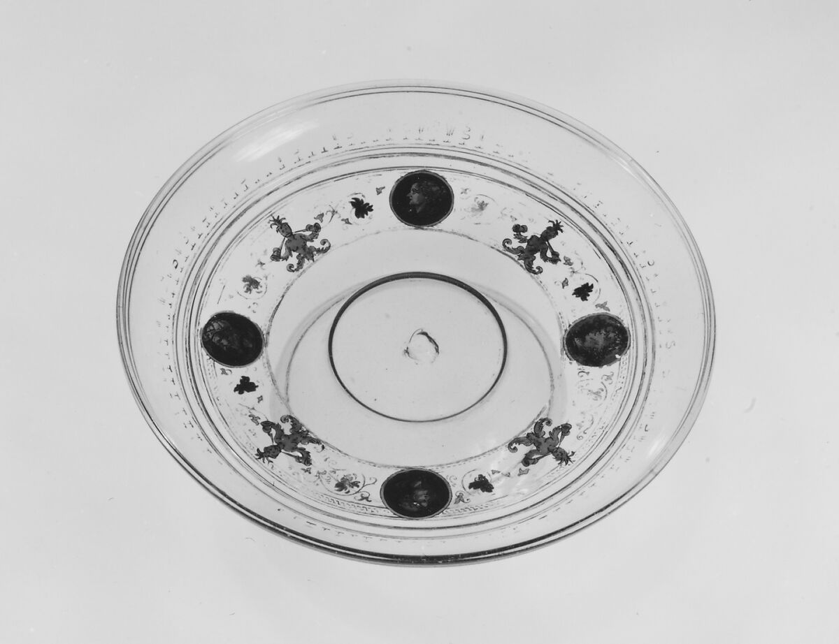 Tazza, Colorless (slightly gray) nonlead glass. Blown, reverse painted, gilt (unfired)., Venetian or façon de Venise, probably Tyrolean; possibly Venice