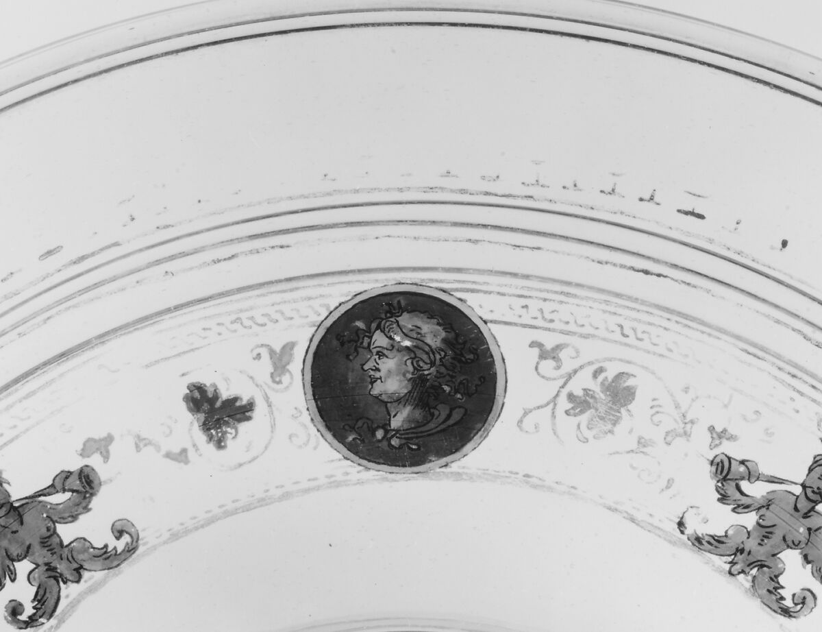 Tazza, Colorless (slightly gray) nonlead glass. Blown, reverse painted, gilt (unfired)., Venetian or façon de Venise, probably Tyrolean; possibly Venice