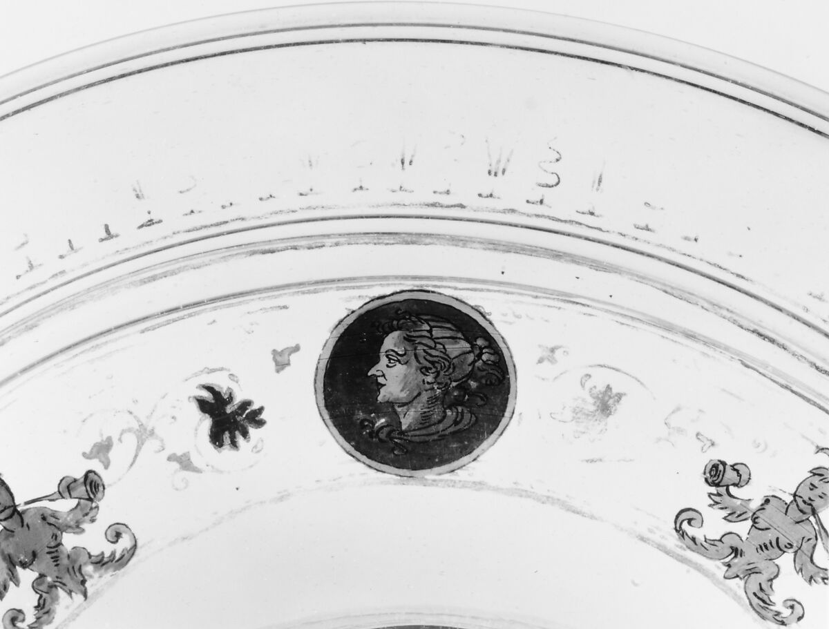 Tazza, Colorless (slightly gray) nonlead glass. Blown, reverse painted, gilt (unfired)., Venetian or façon de Venise, probably Tyrolean; possibly Venice