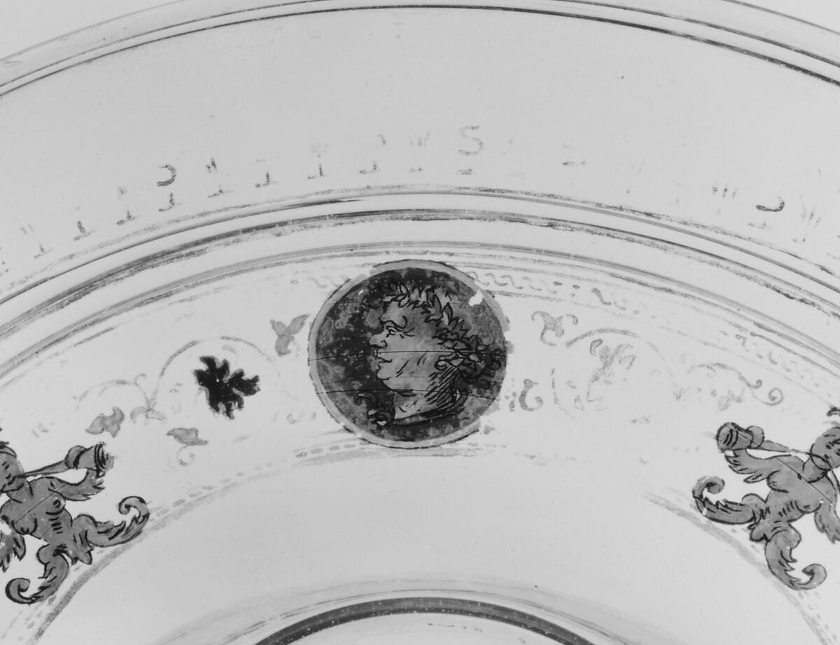 Tazza, Colorless (slightly gray) nonlead glass. Blown, reverse painted, gilt (unfired)., Venetian or façon de Venise, probably Tyrolean; possibly Venice
