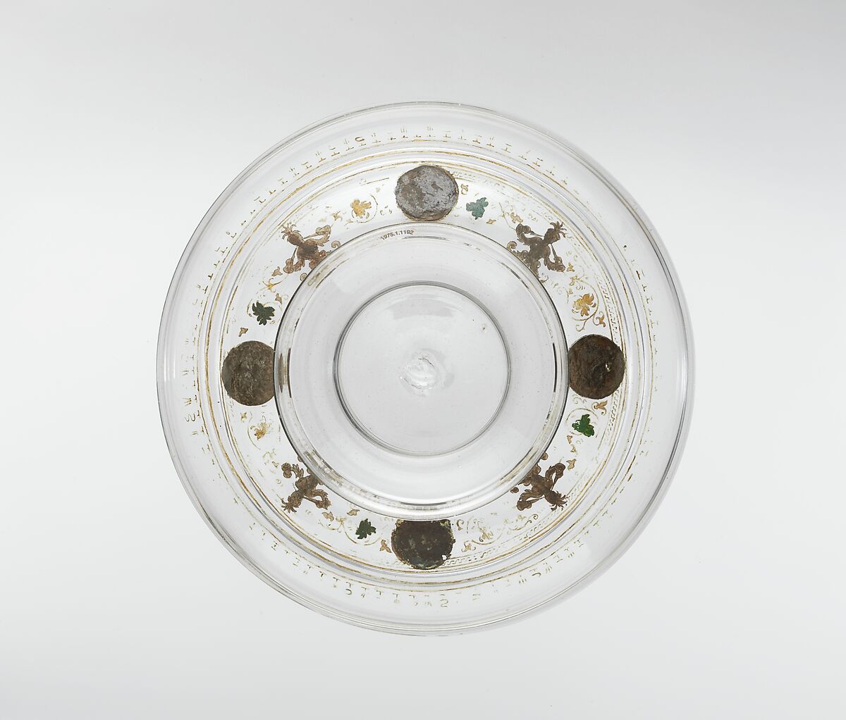 Tazza, Colorless (slightly gray) nonlead glass. Blown, reverse painted, gilt (unfired)., Venetian or façon de Venise, probably Tyrolean; possibly Venice