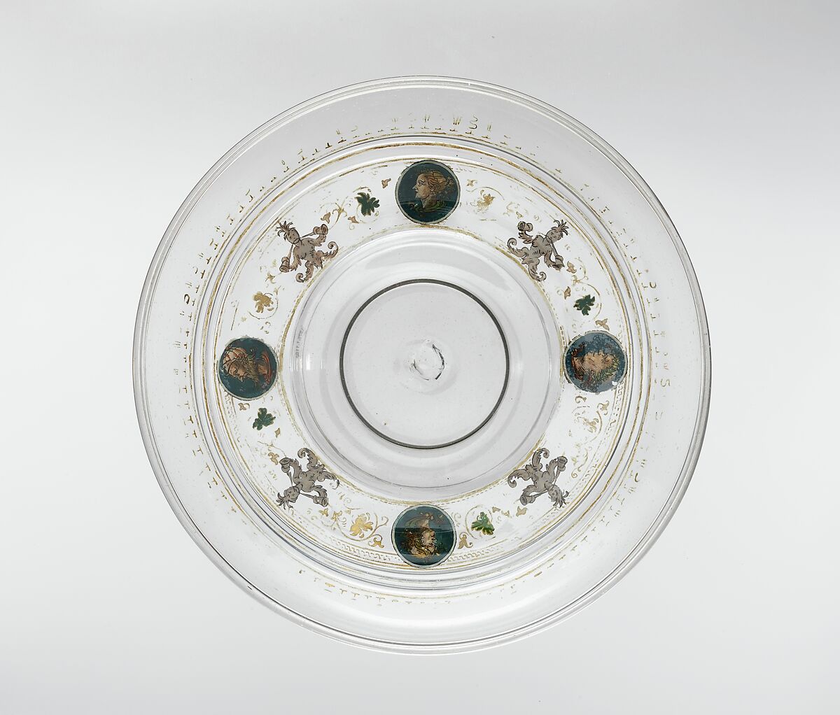 Tazza, Colorless (slightly gray) nonlead glass. Blown, reverse painted, gilt (unfired)., Venetian or façon de Venise, probably Tyrolean; possibly Venice