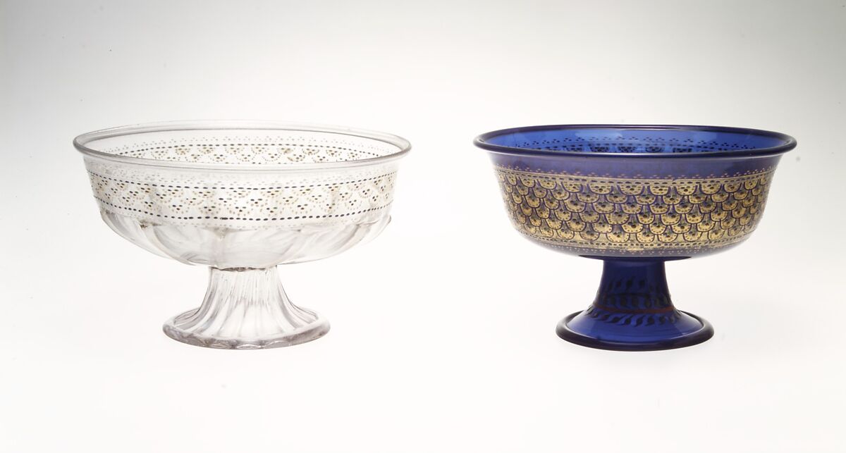Footed bowl, Colorless (purplish gray) nonlead glass. Blown, pattern molded, enameled, gilt., Italian (Venice)
