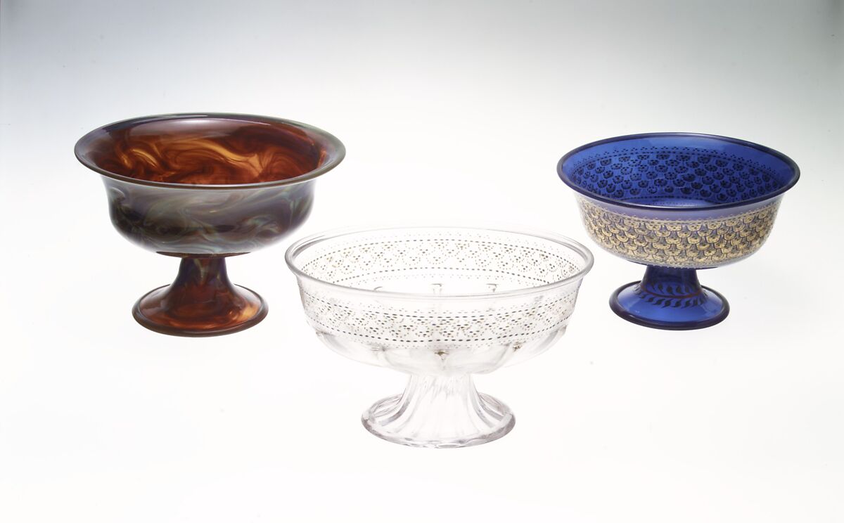 Footed bowl, Colorless (purplish gray) nonlead glass. Blown, pattern molded, enameled, gilt., Italian (Venice)