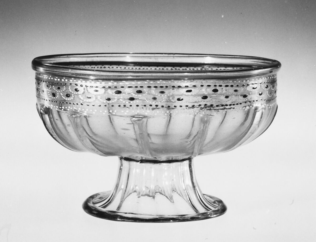 Footed bowl, Colorless (purplish gray) nonlead glass. Blown, pattern molded, enameled, gilt., Italian (Venice)