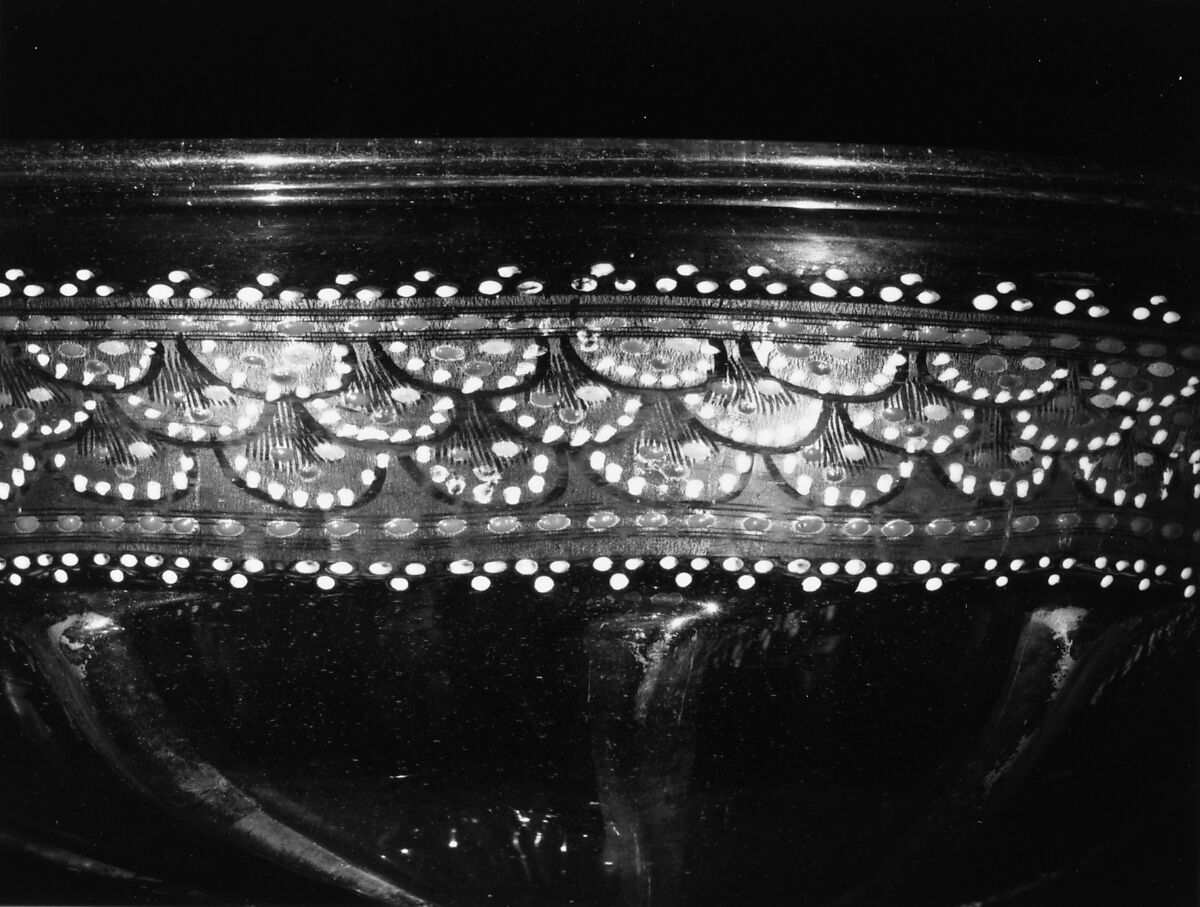 Footed bowl, Colorless (purplish gray) nonlead glass. Blown, pattern molded, enameled, gilt., Italian (Venice)