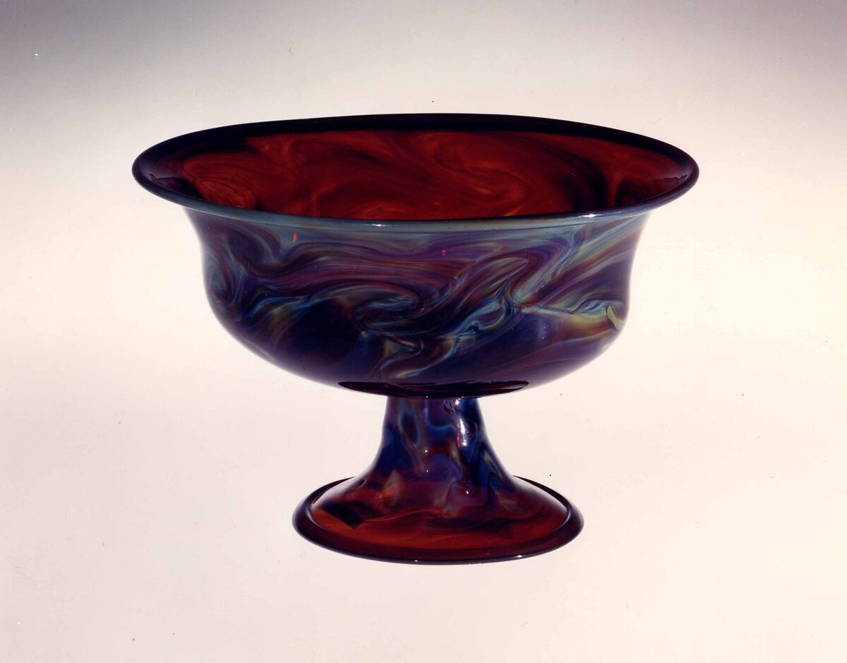 Footed bowl, Translucent red nonlead glass with multicolored marbling on the exterior. Blown., Italian (Venice) 