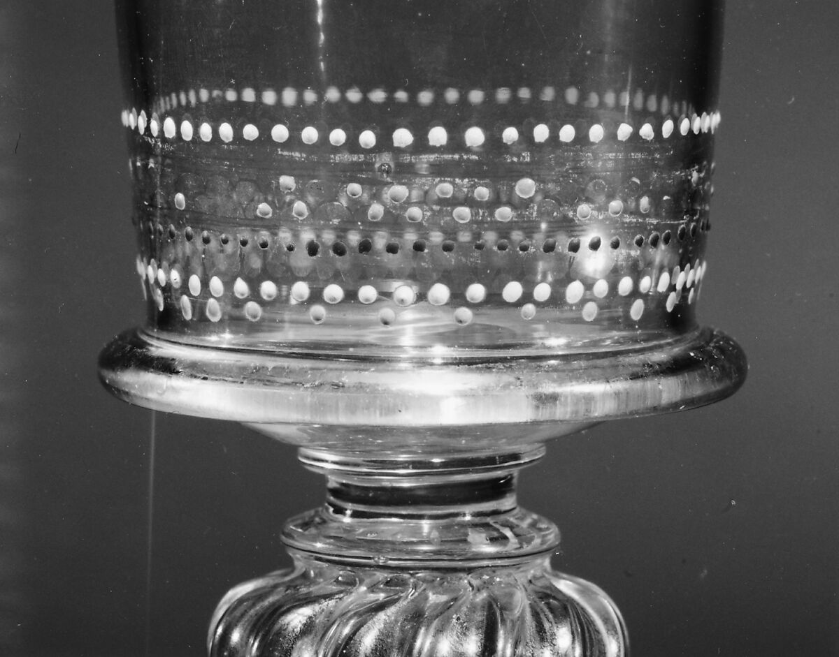 Goblet, Colorless (slightly grayish tan) nonlead glass. Blown, pattern molded, enameled, gilt., Italian (Venice)