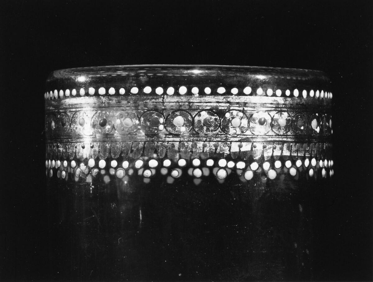 Goblet, Colorless (slightly grayish tan) nonlead glass. Blown, pattern molded, enameled, gilt., Italian (Venice)