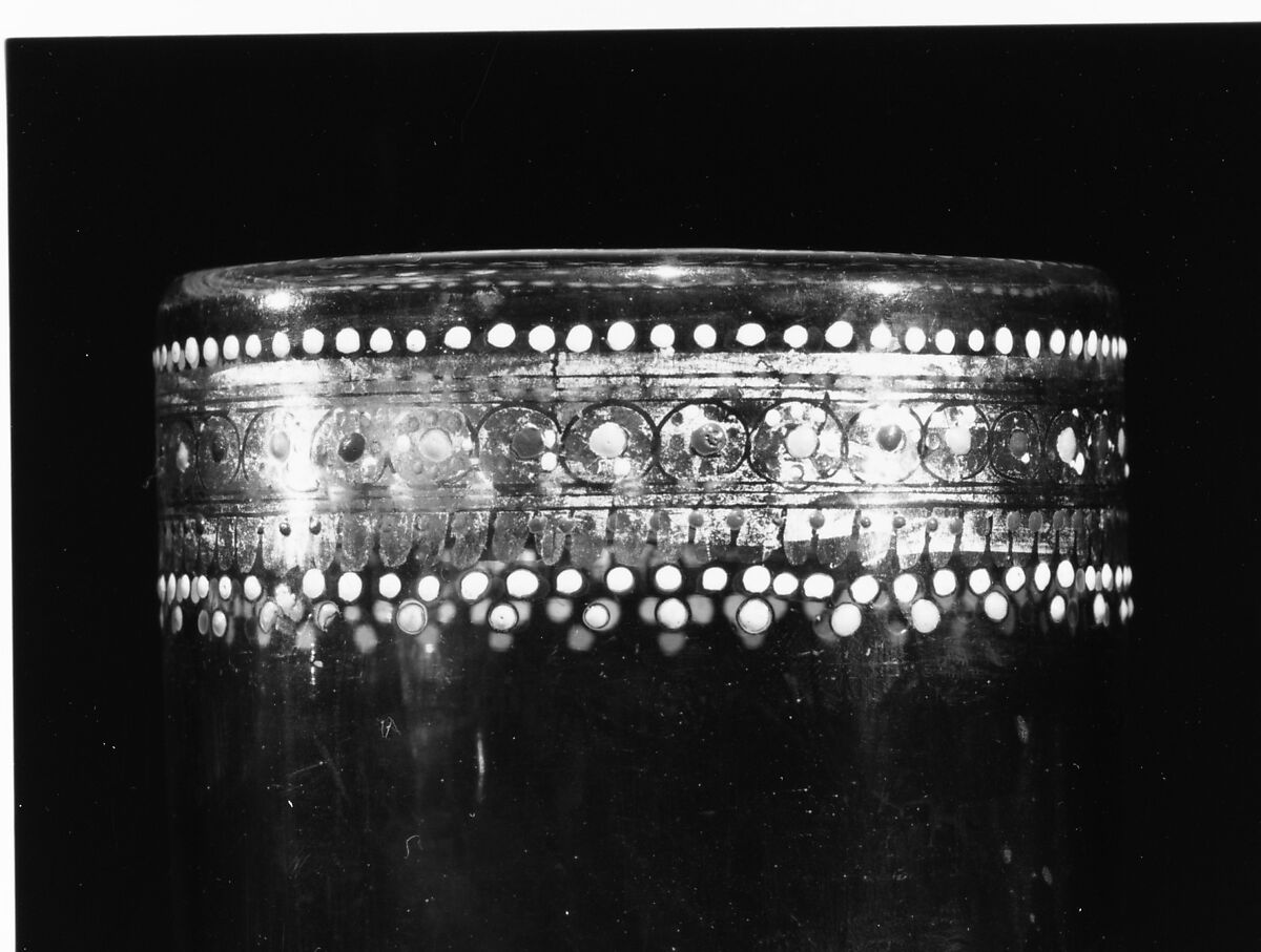 Goblet, Colorless (slightly grayish tan) nonlead glass. Blown, pattern molded, enameled, gilt., Italian (Venice)