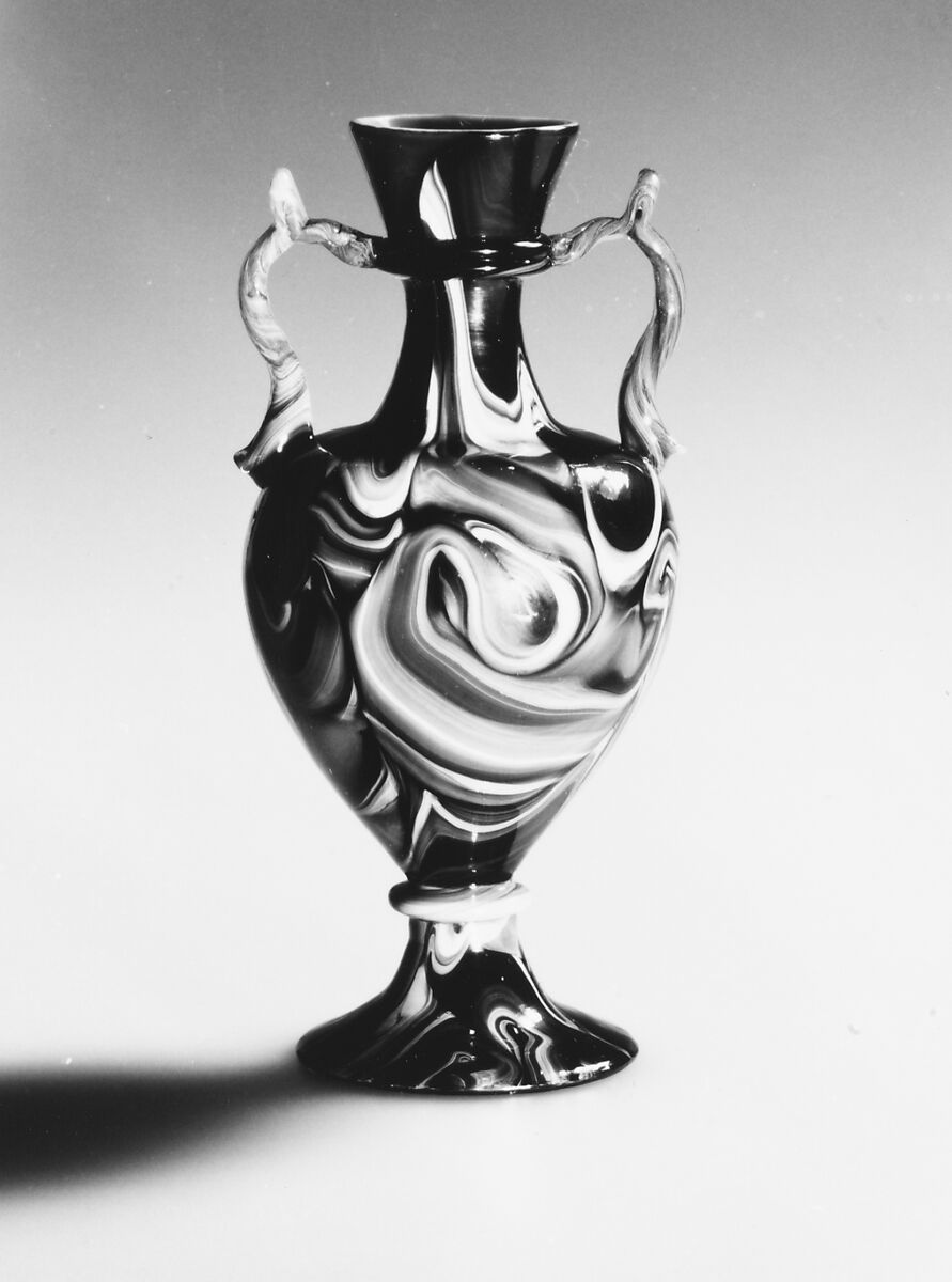 Vase, possibly Antonio Salviati (Italian, 1816–1890), Opalescent bluish white and marbled multicolored brownish nonlead glass (strong brownish marbling on the exterior, faint bluish marbling on the interior). Blown, trailed. 