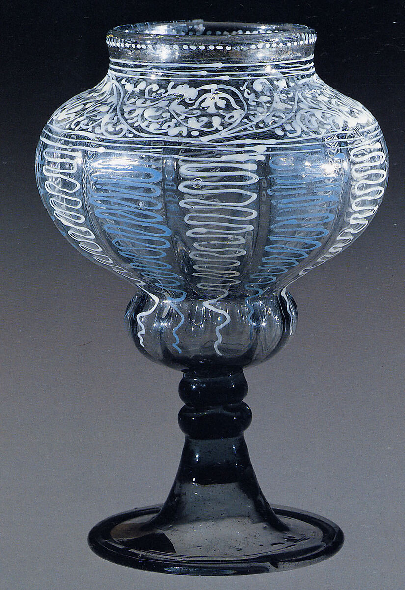 Goblet, Gray-green nonlead glass. Blown, pattern molded, enameled, gilt., Façon de Venise, probably Bohemian 