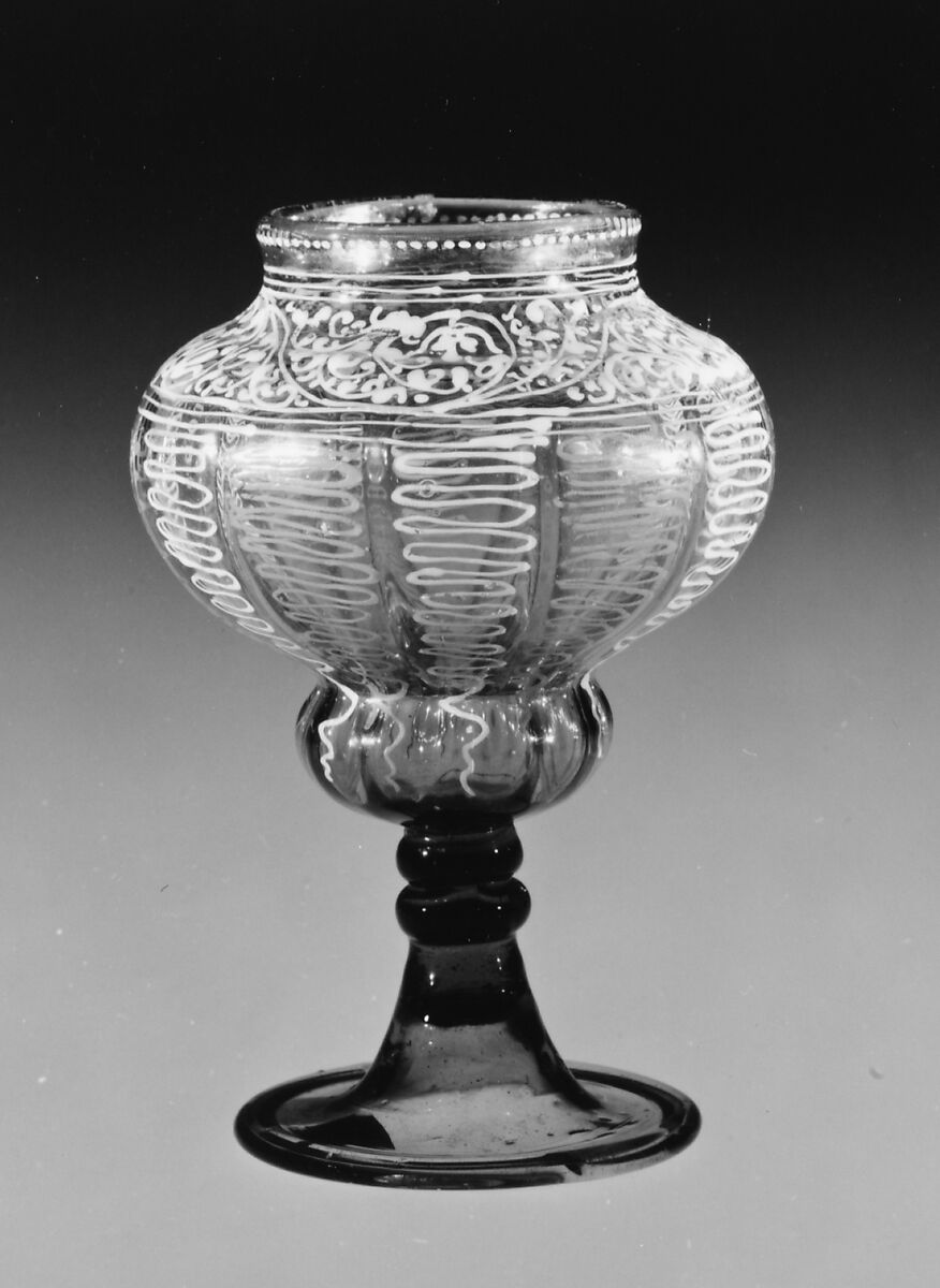 Goblet, Gray-green nonlead glass. Blown, pattern molded, enameled, gilt., Façon de Venise, probably Bohemian