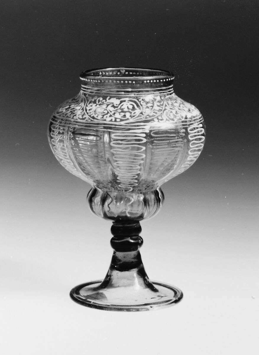Goblet, Gray-green nonlead glass. Blown, pattern molded, enameled, gilt., Façon de Venise, probably Bohemian