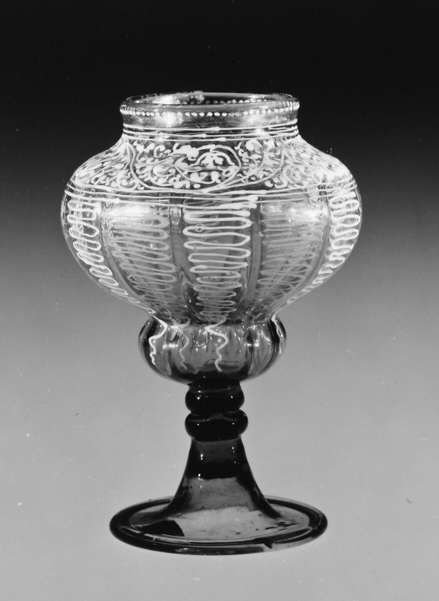 Goblet, Gray-green nonlead glass. Blown, pattern molded, enameled, gilt., Façon de Venise, probably Bohemian