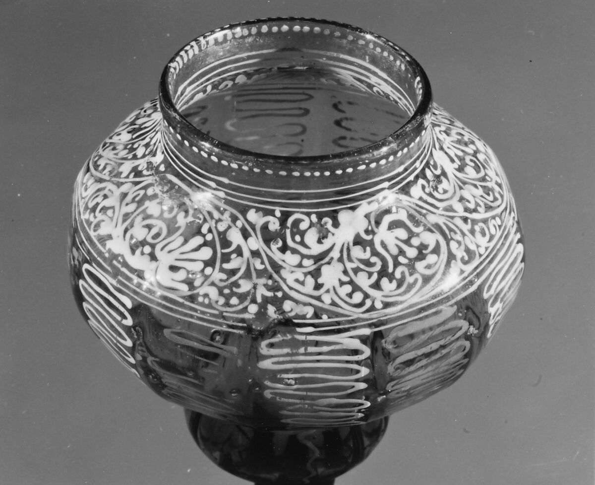 Goblet, Gray-green nonlead glass. Blown, pattern molded, enameled, gilt., Façon de Venise, probably Bohemian