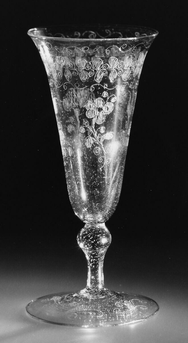 Wineglass, Colorless (slightly purplish gray), bubbly nonlead glass. Blown, diamond-point (scratch) engraved., Façon de Venise, probably northern European (Lowlands or France)