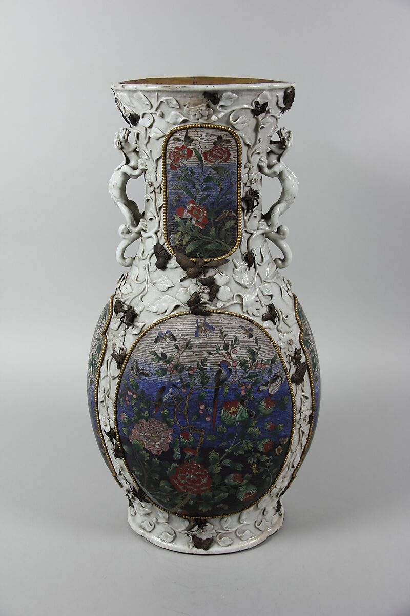 Vase with birds and flowers, Porcelain with relief decoration and inlaid with cloisonne enamel panels, copper alloy liner, China 