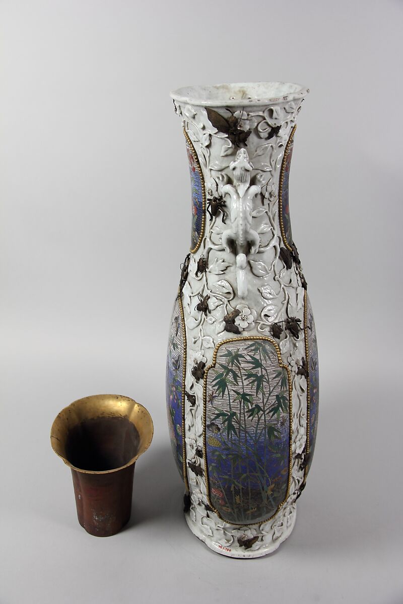 Vase with birds and flowers, Porcelain with relief decoration and inlaid with cloisonne enamel panels, copper alloy liner, China